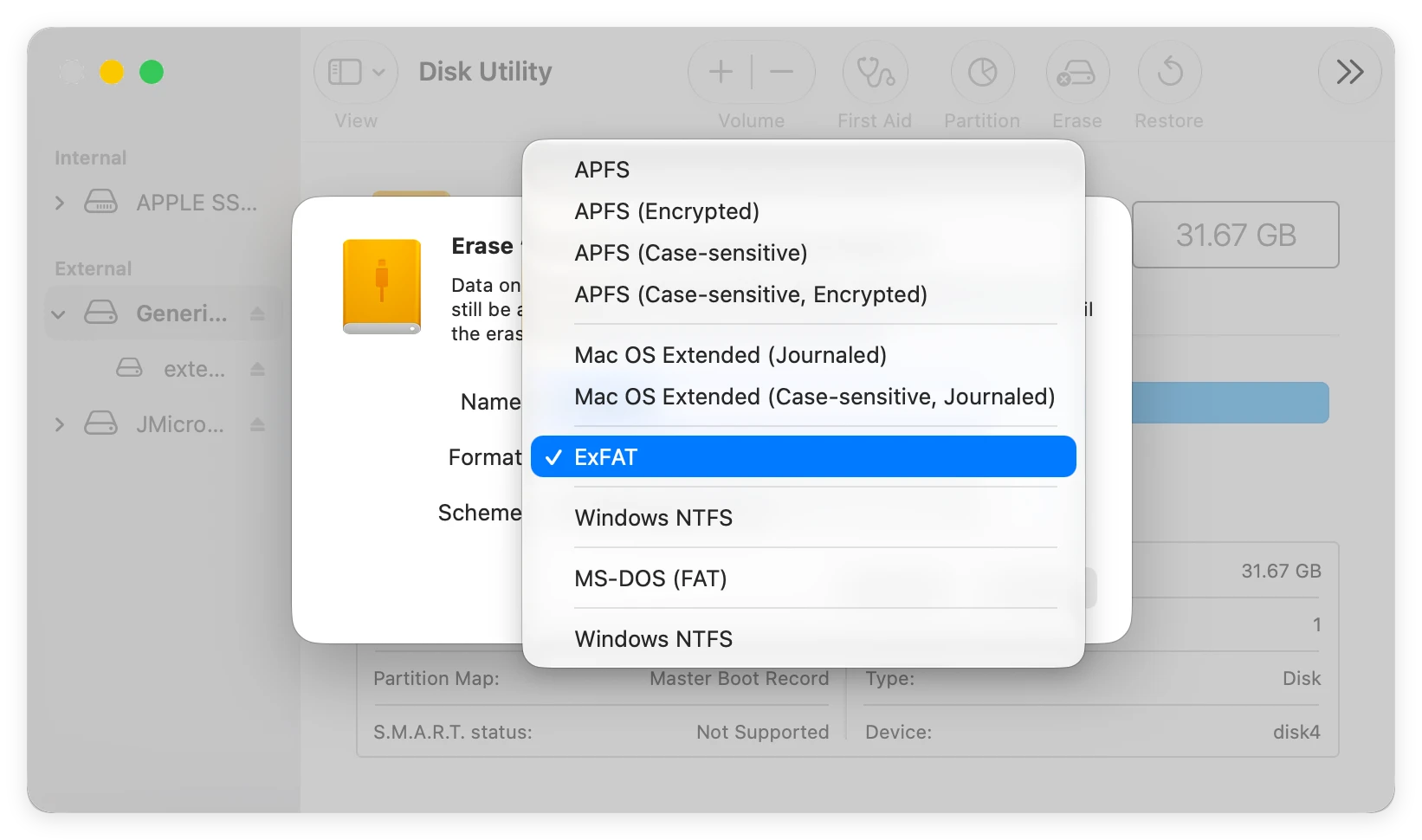 format external hard drive/USB drive/memory card on macOS 27 Golden Gate