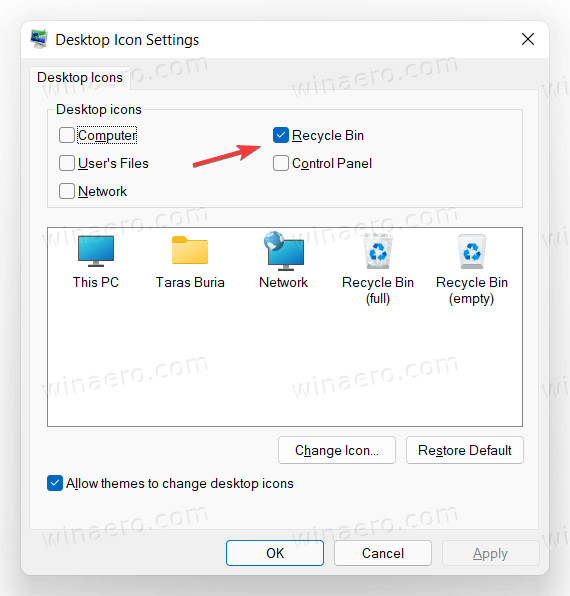 show and hide recycle bin on Windows 11 desktop
