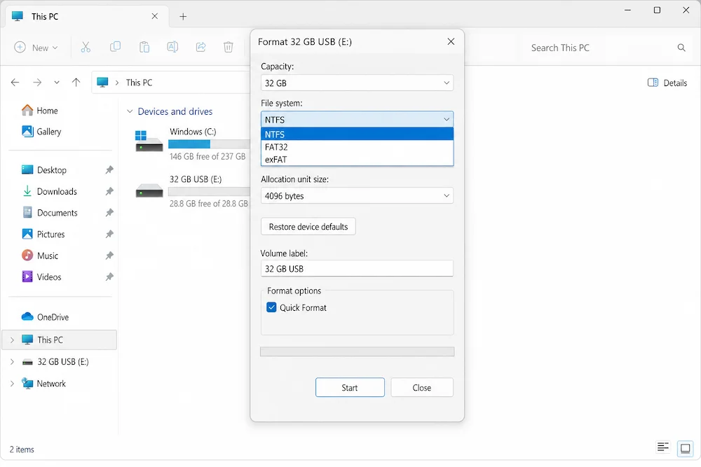 Format Flash Drive in Explorer on Windows 11