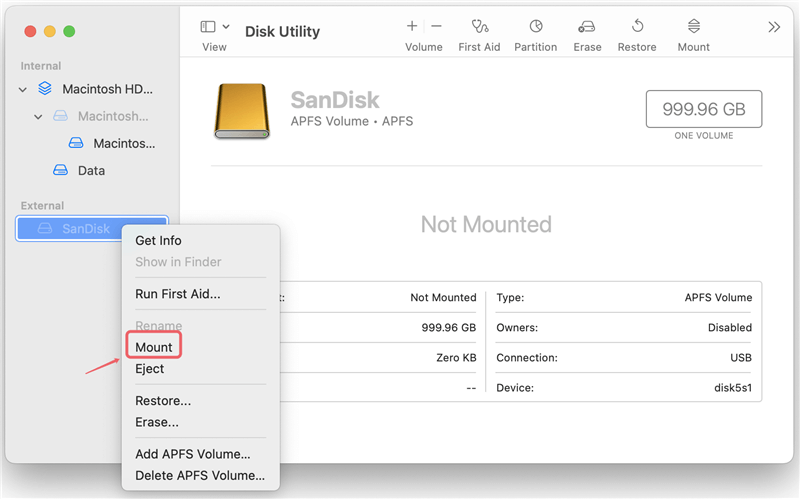 fix SanDisk Extreme Portable SSD not mounting on Mac