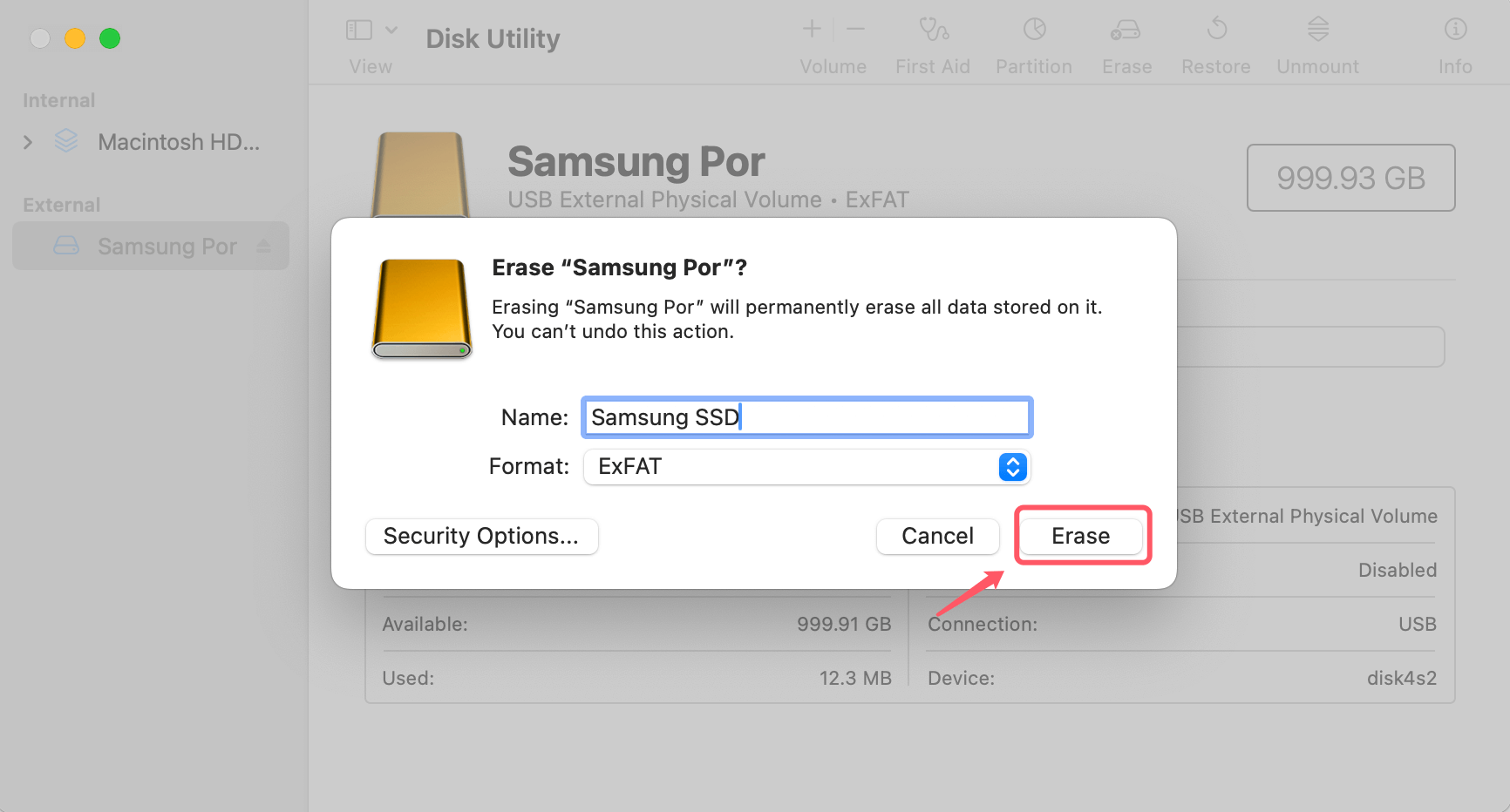 Wipe a Samsung portable SSD on Mac