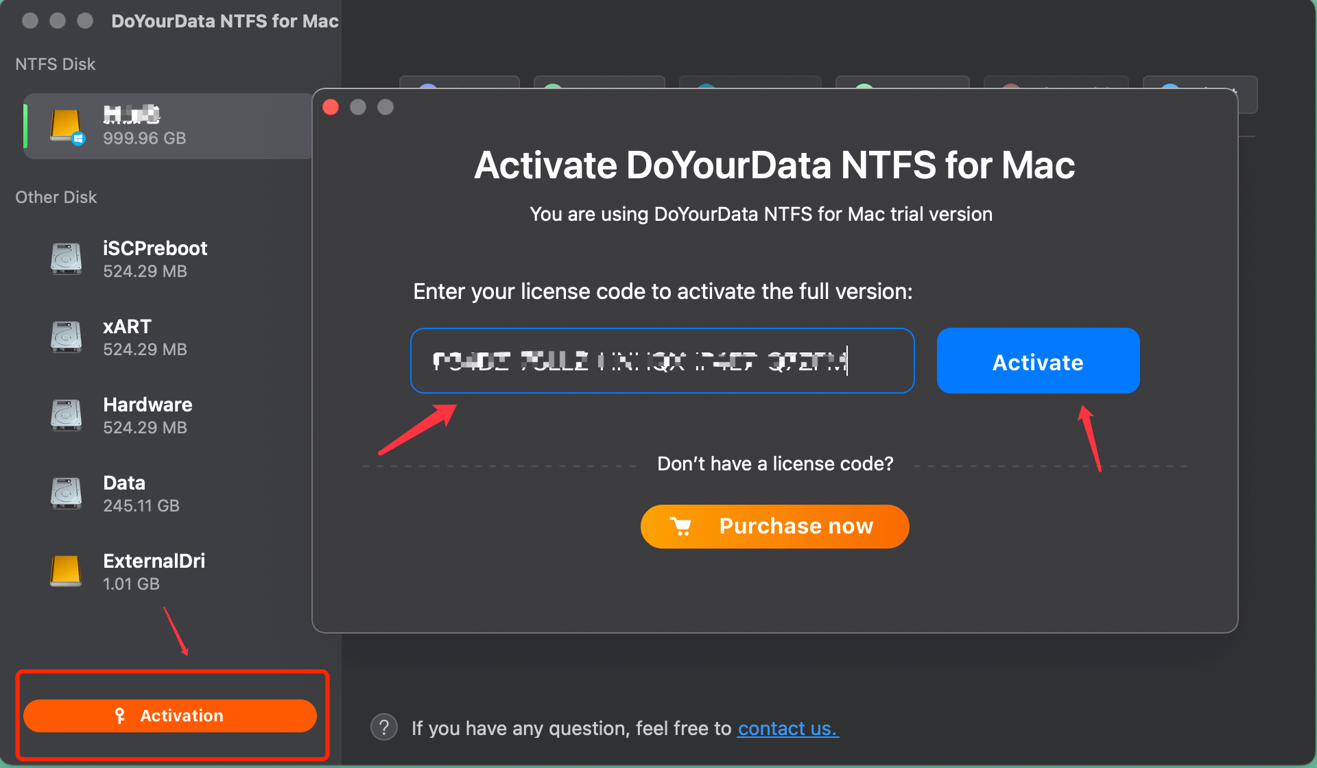 Activate DoYourData NTFS for Mac