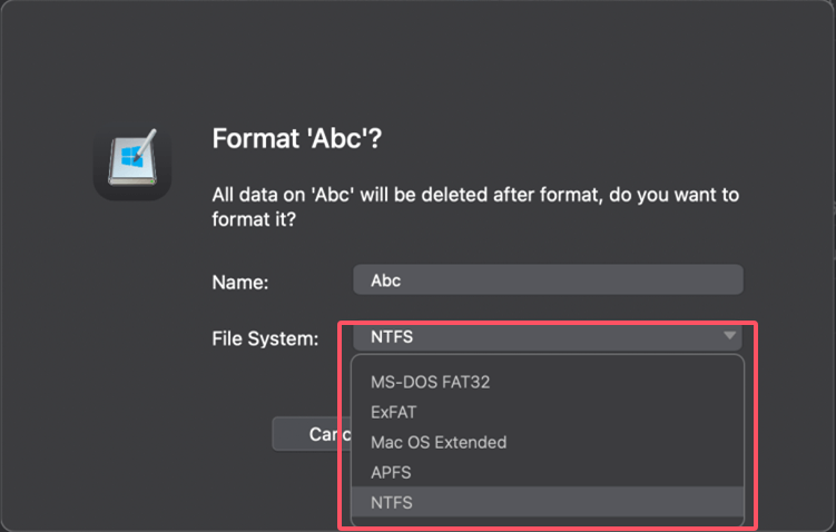 format external hard drive to NTFS on Mac